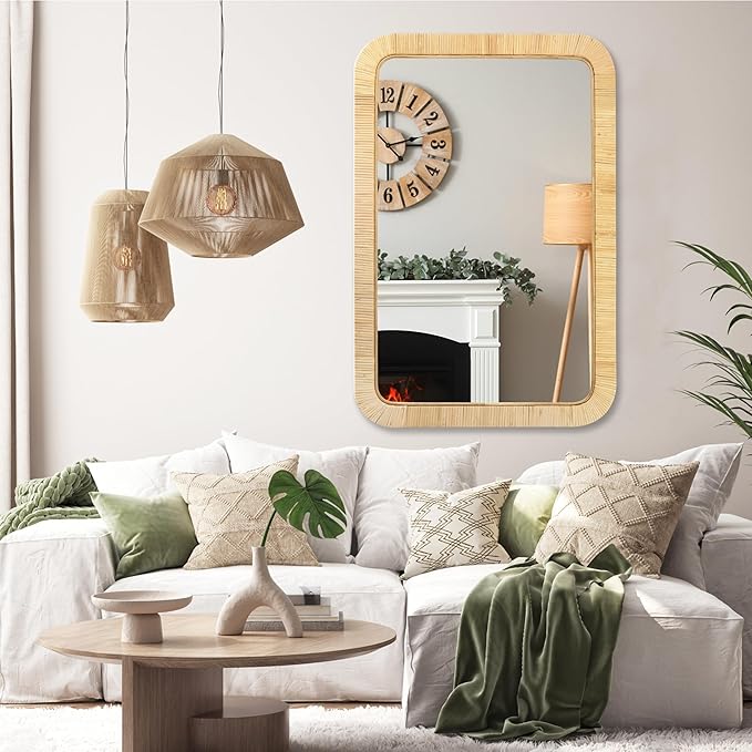 PERFNIQUE Rattan Mirror, 36'' x 24" Rectangle Boho Bathroom Mirror, Decorative Wall Nursery Decor, Rustic Farmhouse Handmade Wicker Mirror for Bathroom Bedroom Entryway Living Room Decor