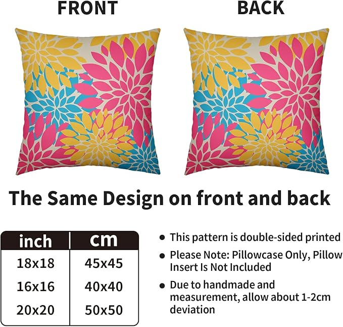 Summer Pillow Covers 18X18 Inch Set of 2, Hot Pink Blue Yellow Flowers Dahlia Floral Print Decorative Throw Pillow Covers Outdoor Farmhouse Cushion Case for Home Couch Sofa Bed Decoration