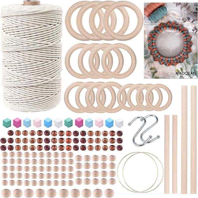 169pcs Macrame Kits for Beginners 3mm x 220yards Natural Cotton Macrame Cord Wall Hanging Kit, Best Macrame Supplies for Macrame Plant Hanger with Wooden Beads,Wooden Rings,Wooden Sticks,S Hooks