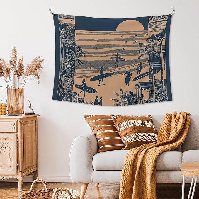 XLDLIOO Coastal Beach Wall Tapestry, Ocean Beach Wall Tapestry Hanging for Bedroom, Vintage Coastal Surf Palm Tree Sunset Landscape Tapestries Decor Art for Home Living Room, 40x30in