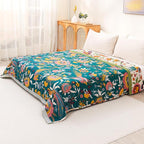 Boho Throw Blanket for Bed Couch 100% Cotton Ultra Soft Large Rustic Quilt King Blanket,Bird Floral Printed Farmhouse Bed Blankets 90"×98", Decorative Reversible Muslin Bed Cover for All Seasons