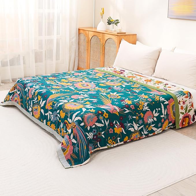 Boho Throw Blanket for Bed Couch Sofa,100% Cotton Ultra Soft Large Throw Blanket,Floral Bird Decor Bed Blankets 60"×80",Decorative Reversible Muslin Bed Cover for All Seasons