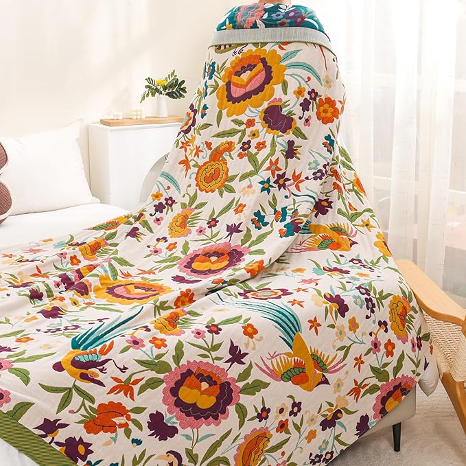 Boho Throw Blanket for Bed Couch 100% Cotton Ultra Soft Large Rustic Quilt t Queen Blanket,Bird Floral Printed Farmhouse Bed Blankets 80"×90", Decorative Reversible Muslin Bed Cover for All Seasons