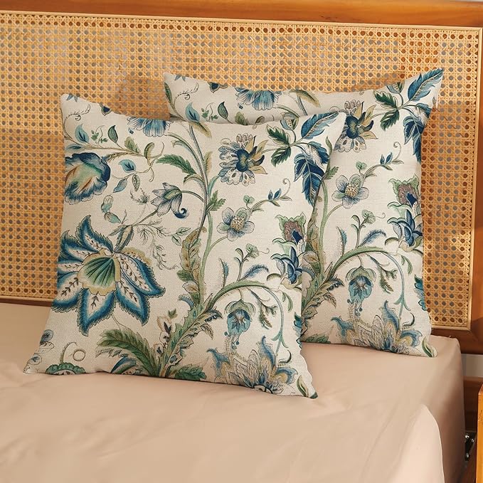 Blue Green Pillow Covers 20x20 Set of 2 Sage Green Chinoiserie Floral Throw Pillows Boho Vintage Flowers Decorative Pillowcase Outdoor Chinoiserie Decor Farmhouse Cushion Case for Couch Sofa