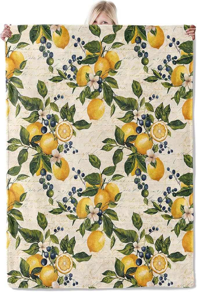 Lemon Botanical Blanket 50×60 Inch,Vintage Hand Drawn Citrus and Blueberry Lightweight Flannel Throw with Script Background,French Country Home Decor,Gifts for Girls,Women