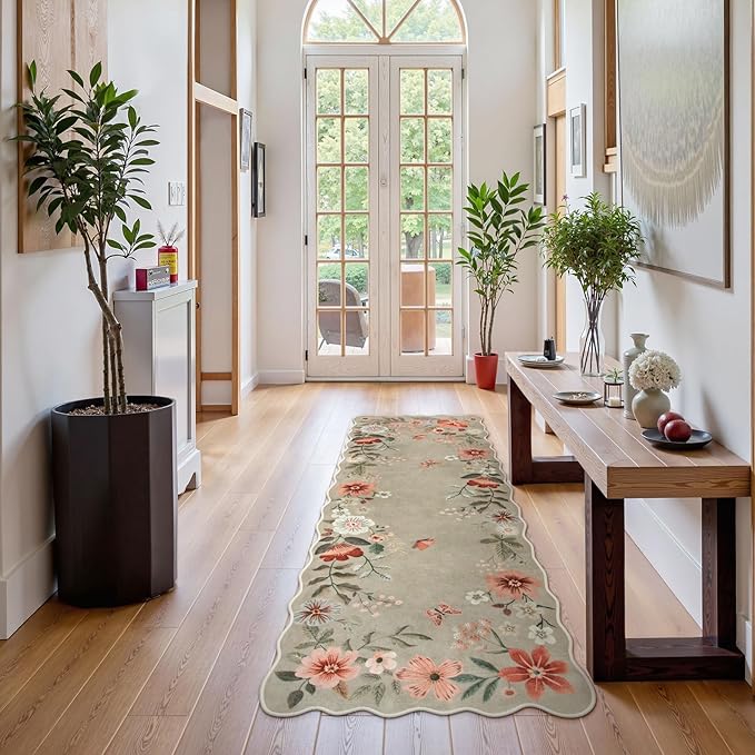 Lahome Floral Kitchen Runner, 2x5 Soft Washable Runner Rug Non Slip, Ultra-Thin Hallway Rug Stain Resistant Boho Carpet for ‎Laundry Bathroom Bedroom Flore (2x5ft,Brown)