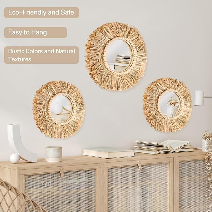 3 Pcs Boho Raffia Mirror Wall Hanging Decor 15.8 Inch 11.8 Inch Rustic Round Boho Circle Mirrors with Wood Bead Farmhouse Aesthetic Nursery Mirrors for Bedroom Living Room Bathroom Wall Decor