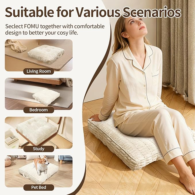 Floor Cushions, Corduroy Floor Pillow, Floors Pillows for Adults & Pets, Large Floors Pouf, Square Floored Pillows for Sitting & Yoga(1PC, Beige White，22"×22"×5.9")