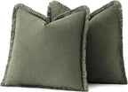 MIULEE Decorative Throw Pillow Covers Neutral Linen Fringe Throw Pillows Set of 2 Olive Green Boho Farmhouse Cushion Covers with Tassels for Couch Sofa Bed Living Room Spring Home Decor 18x18 Inch
