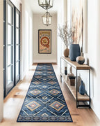 Area Rug 2x6 Rug Machine Washable Non-Slip Low Pile Print Pattern Western Rug for Living Room Bedroom Entryway Tribal Series -Darkblue