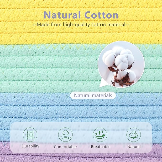Cotton Rope Storage Basket, 15x10x9 Inches, Woven Basket for Shelves, Clothes, Towels, Books, and Laundry, Rainbow (1 Pack)