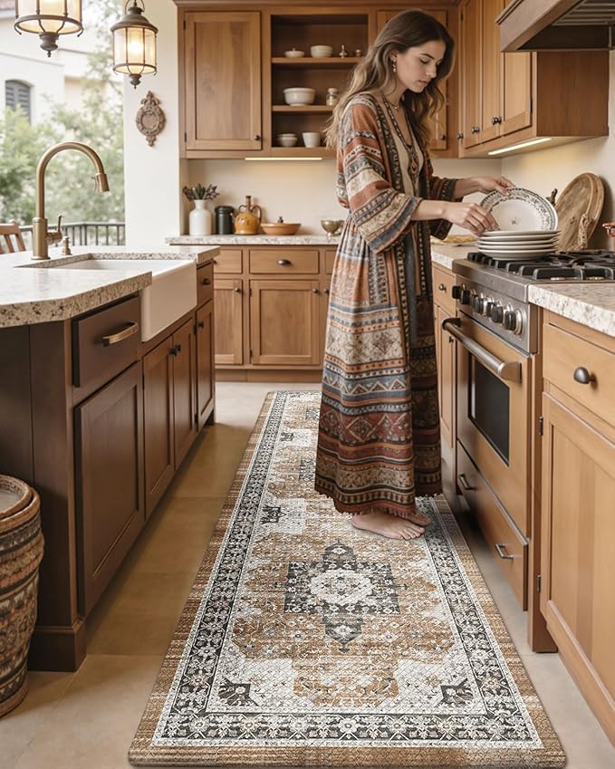 DEXI Kitchen Floor Mats Cushioned Anti Fatigue, 23x59 Rubber Wide Standing Comfort Runner Rug, Waterproof Retro Floral Memory Foam Padded for Front Sink Laundry, Black/Brown