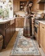 DEXI Kitchen Floor Mats Cushioned Anti Fatigue, 23x59 Rubber Wide Standing Comfort Runner Rug, Waterproof Retro Floral Memory Foam Padded for Front Sink Laundry, Black/Brown