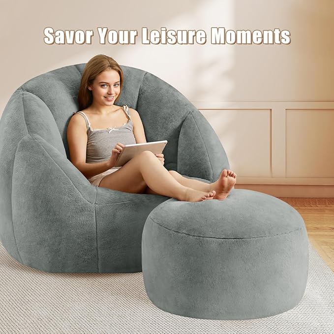Round Pouf Ottoman Foot Rest, 29 X 18Inch Floor Poufs Footstool, A Round Modern Foam Filled Foot Stool for Living Room, Home, Nursery, Dorm (Grey, 29Inch)
