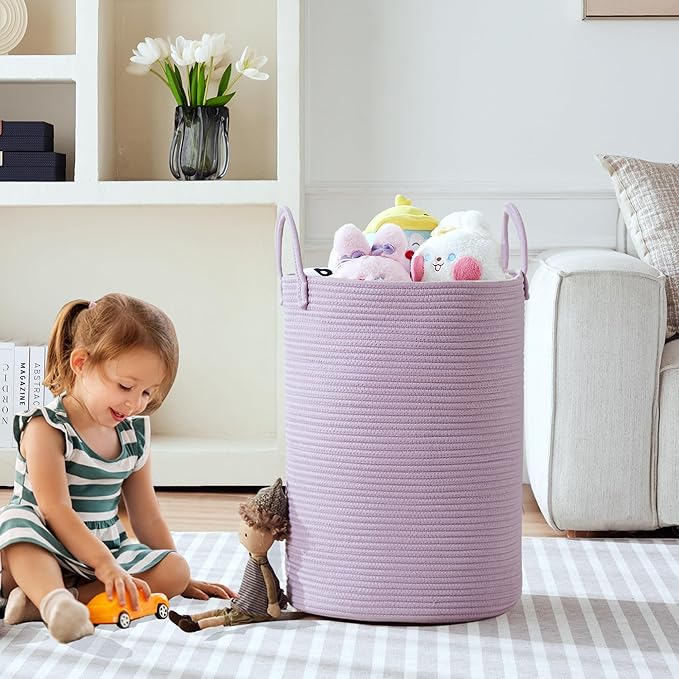 80L Extra Large Purple Hamper Laundry Basket for Nursery Kids 16Dx22H inches Tall Lavender Blanket Basket for Girls Cotton Rope Lilac Clothes Hamper in Bedroom
