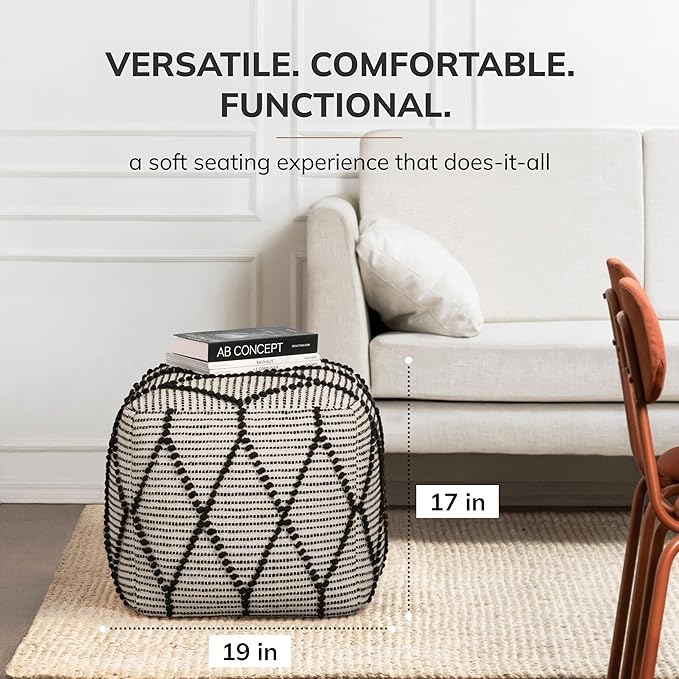 Anji Mountain Pouf Ottoman Foot Rest, Handmade Ottoman Pouf, Comfortable Foot Stool, Decorative Floor Seating for Living Room Decor, Bedroom & Home Décor Accent - Black/White