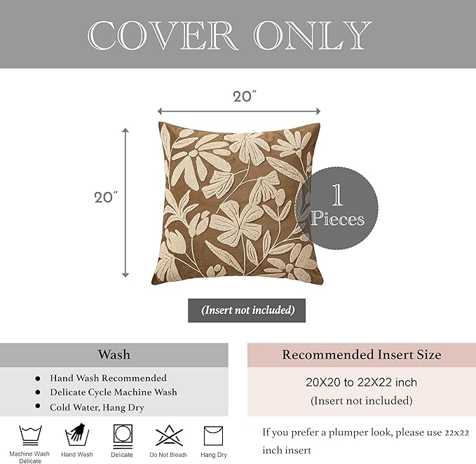 BlissBlush 20x20 Throw Pillow Cover, Square Brown Decorative Cushion Cover for Couch Sofa, Embroidered Velvet Farmhouse Accent Pillowcase (Cover Only)
