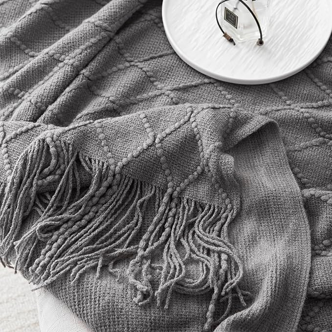 Throw Blanket for Couch Bed, Sofa Knit Blanket Farmhouse Throw for Living Room, Decorative Fall Throw Blanket for Chair, Outdoor Textured Boho Blanket（Dark Grey 51x67In）