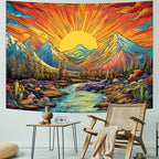 Serborlur Boho Sun Mountain Tapestry Trippy Forest Tree Tapestry Vintage Aesthetic Magic River Tapestries Nature Landscape Wall Hanging for Bedroom Home Decor (51.2"×59.1")