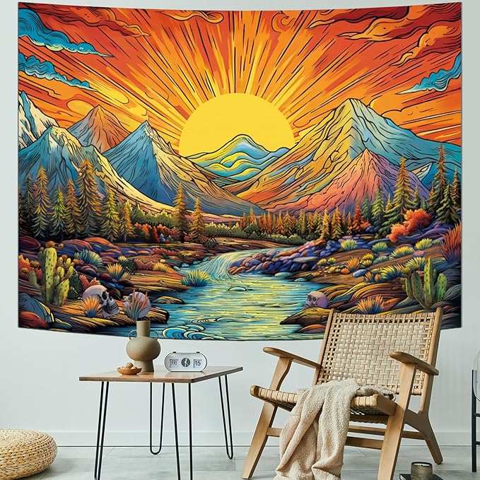Serborlur Boho Sun Mountain Tapestry Trippy Forest Tree Tapestries Vintage Aesthetic Plant Magical River Wall Tapestry Nature Landscape Wall Hanging for Bedroom Living Room (59.1 × 78.7 inches)