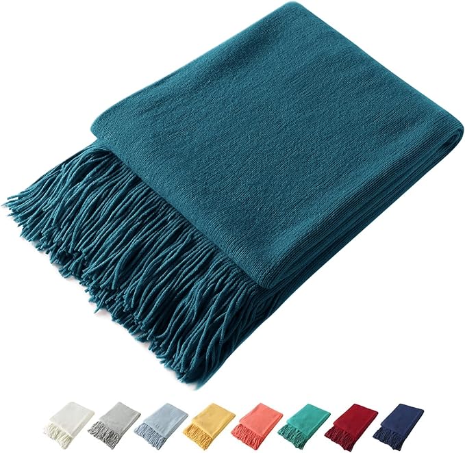 Homiest Decorative Knitted Throw with Fringe, Lightweight Acrylic Knit Blanket, Soft & Cozy Tassel Blanket for Couch, Sofa, Bed (Turquoise, 50 x 60 Inch)