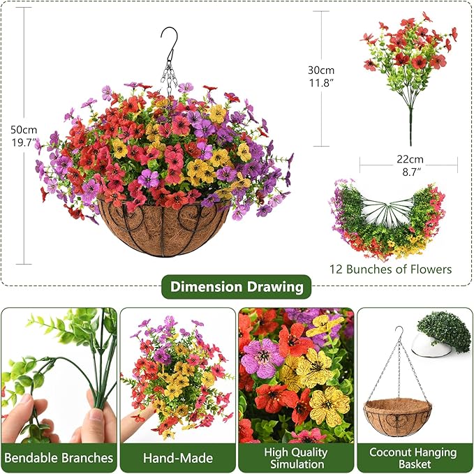 Homsunny Artificial Fake Hanging Flowers Plants Basket for Outdoor Spring Decoration, Faux Silk Daisy Outside Indoor UV Resistant Look Real Yard Patio Front Porch Garden Balcony Home Decor(Mix3)