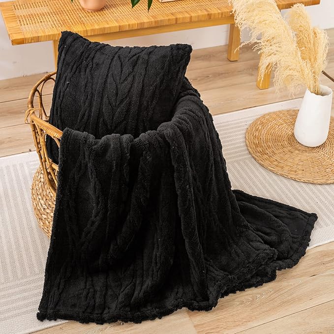 YUSOKI Sherpa Large Throw Blanket Single Layer,Light Weight(1.7lb),370GMS-3D Stylish Design for Gift Home Decor (Black,50"x65")