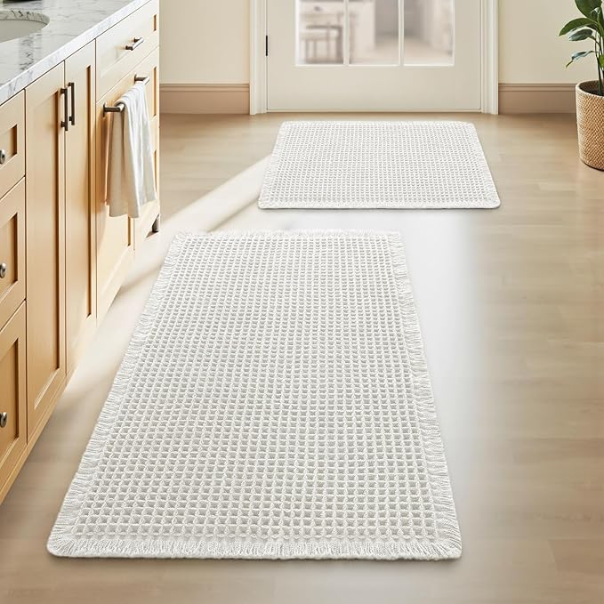 Upgraded Waffle Bath Mats Set of 2, Super Absorbent Non Slip Bath Mats for Bathroom Floor, Washable Boho Bathroom Rugs Set 2 Piece with Tassels, Soft Bathroom Mat Set, 18" x 30" (2 Pack), White