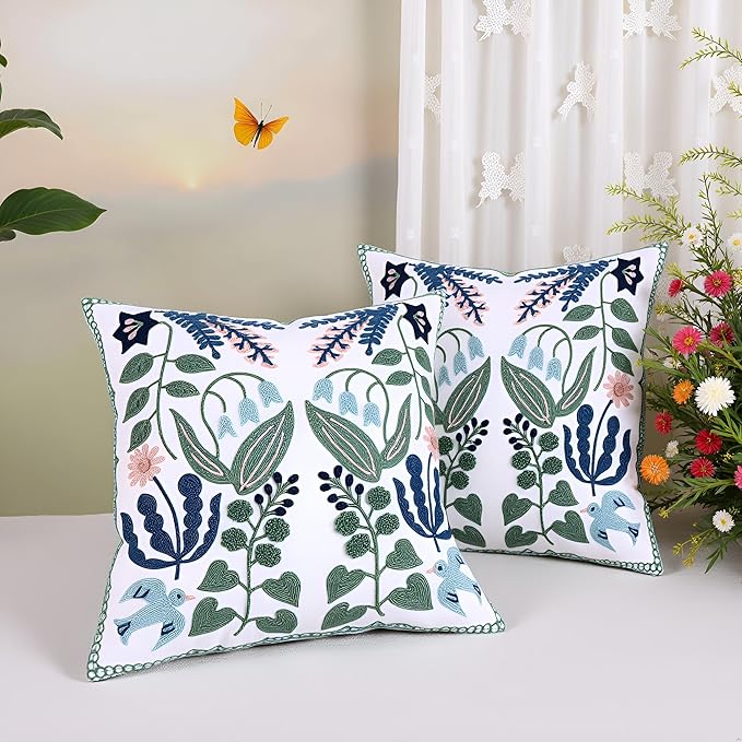Tosleo Embroidered Pillow Covers 18x18 Pack of 2 Green and Navy Blue Leaves with Birds Embroidered Throw Pillow Covers Floral Tufted Pillowcases Spring Summer Decorative Coastal Pillow Cushion Cases