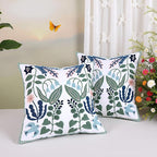 Tosleo Embroidered Pillow Covers 18x18 Pack of 2 Green and Navy Blue Leaves with Birds Embroidered Throw Pillow Covers Floral Tufted Pillowcases Spring Summer Decorative Coastal Pillow Cushion Cases