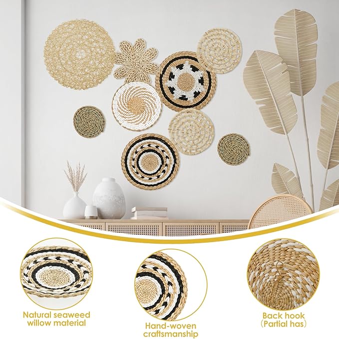 HJJWNDDNG 9 Pack Boho Wall Basket Decor Set, Hanging Woven Seagrass Rattan Wicker Boho Wall Decor, Round Farmhouse Wall Hanging Baskets Rustic Flat Wall Art for Living Room Bedroom Kitchen (Style 9)