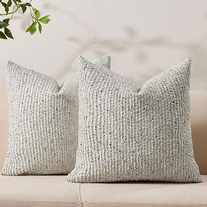 Decorative Couch Throw Pillow Covers 20x20 Set of 2 Cream Gray Striped Soft Wool Pillow Covers Neutral Textured Boho Cushion Covers for Modern Farmhouse Sofa Bedroom Living Room Decor SY012-B20
