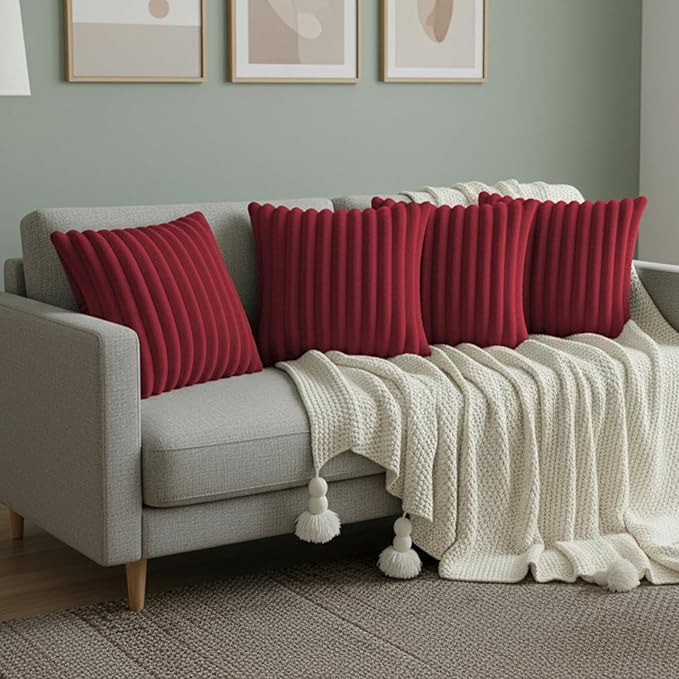 Red Throw Pillow Covers 16 x 16 Set of 4, Cute Boho Throw Pillow Cover for Couch/Bed, Decorative Pillows Covers for Sofa/Bed, Accent Pillow Covers for Living Room, Rustic/Home/Room Decor