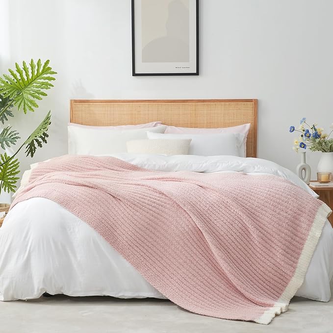 Snuggle Sac Pink Throw Blanket for Couch, Soft Cozy Ribbed Fluffy Blankets for Women, Warm Microfiber Knit Cute Throws for Girls Daughter Women Gifts for Mom, Pink, 50x70 inches