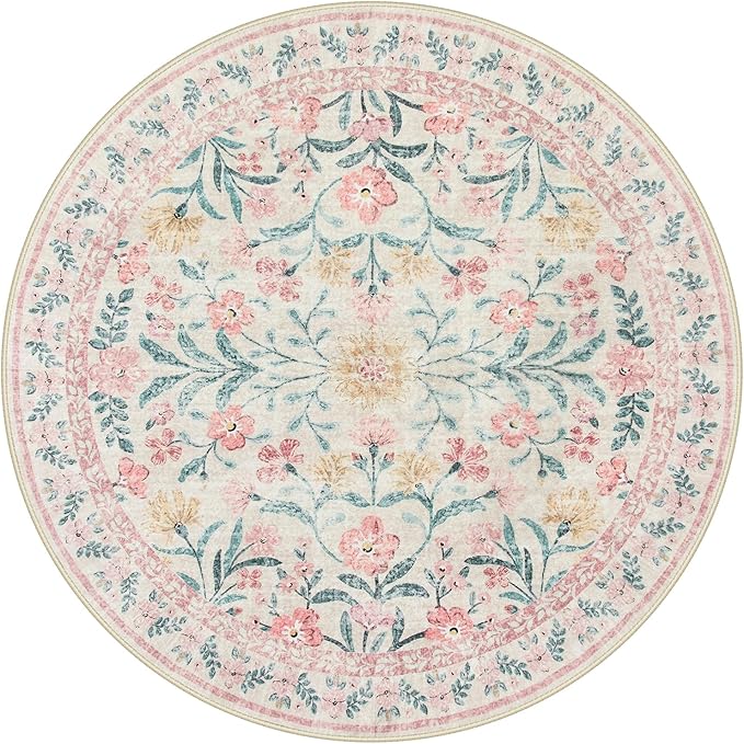 Lahome Sylvie Boho Light Pink Round Rug 4ft, Washable Small Circle Rugs for Bedroom Kids, Pink and Green Nursery Circular Carpet Girl Decor, Soft Non-Slip Round Carpet for Sunroom, Blush