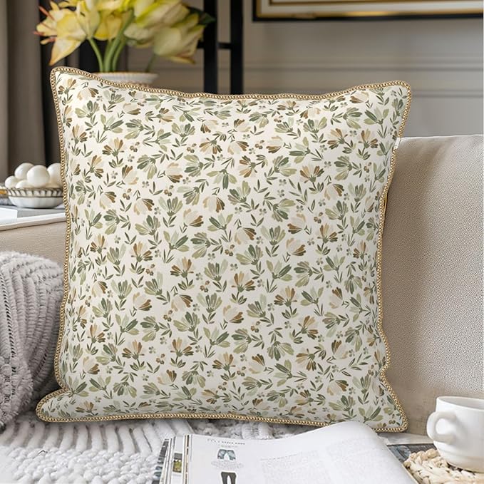 KSLIDS Sage Green Beige Floral Soft polyesterThrow Pillow Covers Set of 2 Vintage Brown Flower Decorative Pillow Covers 18x18 Inch Rustic Pillow Case for Sofa Couch Bedroom Farmhouse Home Decor