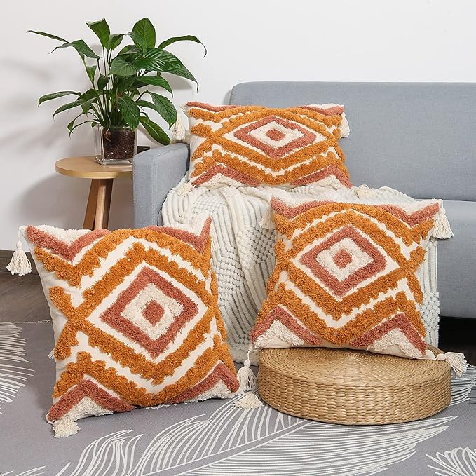 Merrycolor Boho Throw Pillow Covers 20x20 with Tassels, Decorative Pillow Covers Woven Tufted Bohemian Pillow Covers for Couch Sofa Bedroom Living Room