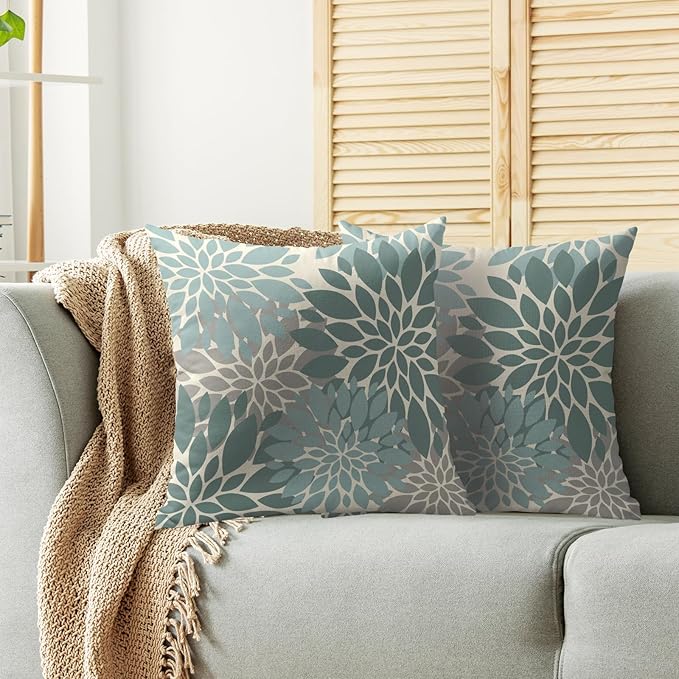 Aqua Blue Pillow Covers 24X24 Inch Set of 2, Dahlia Flower Spring Summer Floral Cream Decorative Throw Pillow Covers Outdoor Modern Farmhouse Cushion Case for Home Couch Sofa Bed Decor