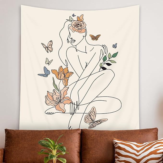 SVBright Abstract Woman Fabric Wall Hanging Tapestry 51Wx59H Inch Simple Modern Butterfly Flower Leaves Minimalist Art Line Plant Aesthetic Portrait Sketch Home Decor Art for Living Room Bedroom Dorm