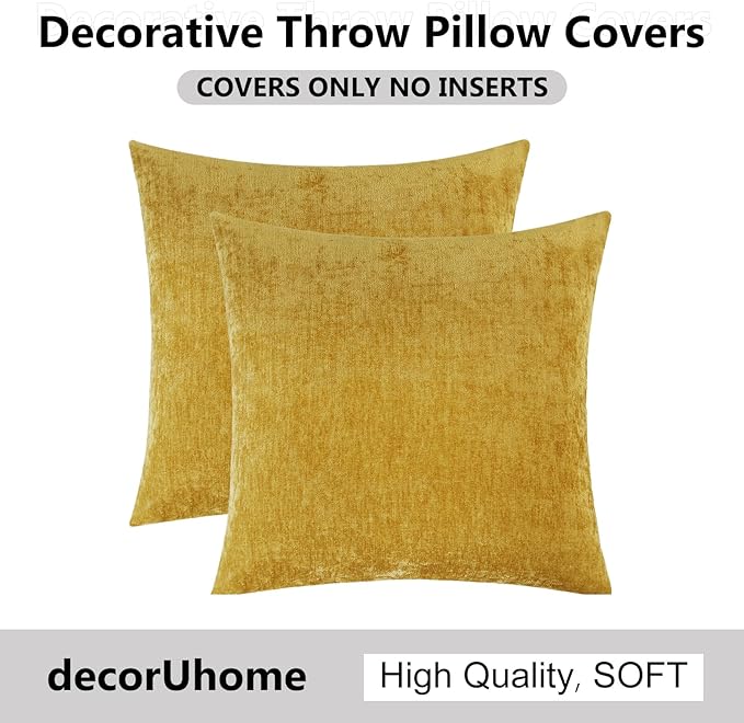 decorUhome Chenille Mineral Yellow Spring Throw Pillow Covers 20x20 Inch Set of 2, Decorative Soft Couch Pillow Covers Solid Dyed Accent Farmhouse Neutral Square Pillow Cases for Sofa