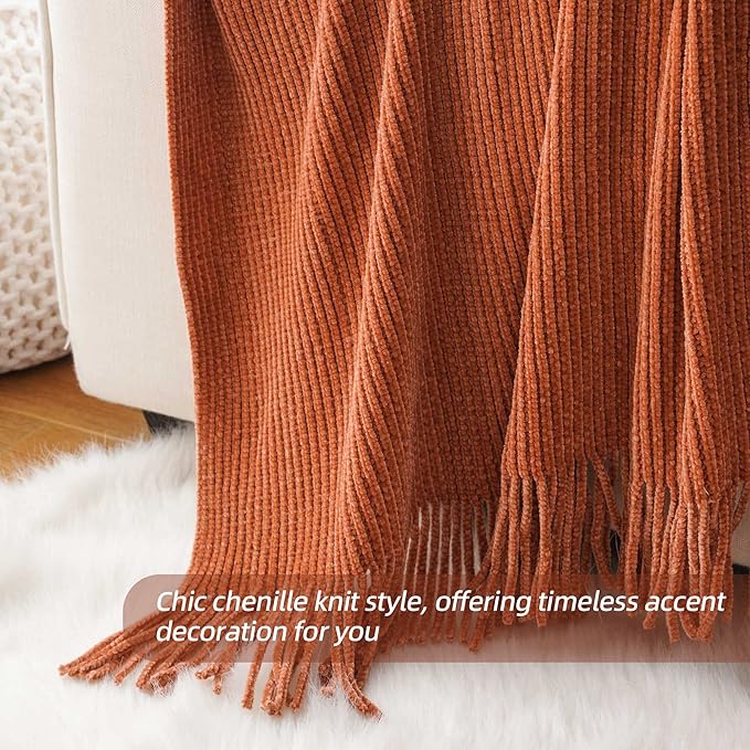 BATTILO HOME Rust Orange Throw Blanket for Couch, Soft Chenille Knit Throws with Tassels for Home Decor, Spring Caramel Throws for Couch Cover, 50"x60"