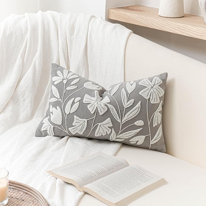 BlissBlush 12x20 Lumbar Pillow Cover, Rectangular Light Gray Decorative Throw Pillowcase for Couch Sofa, Embroidered Velvet Farmhouse Accent Cushion (Cover Only)