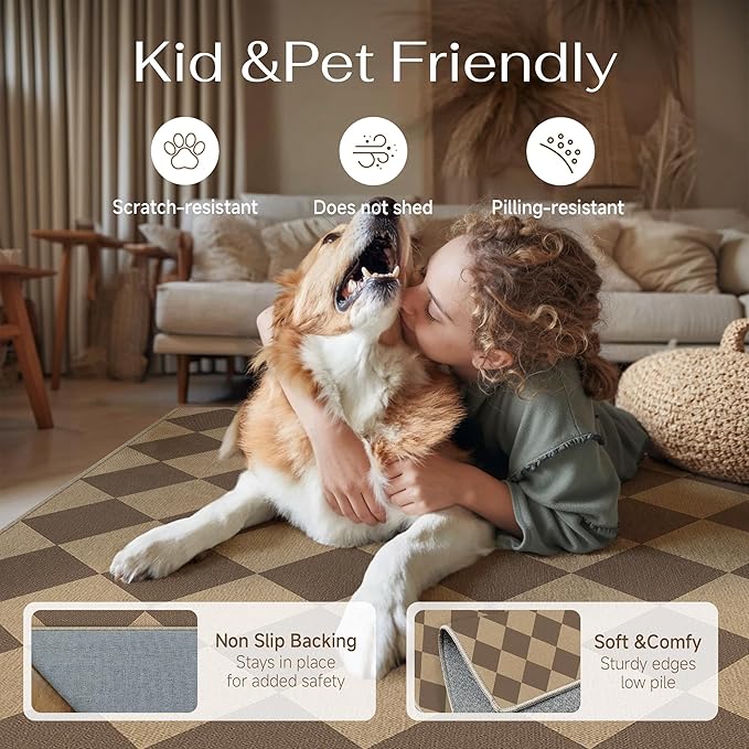 Checkered Easy Jute Rugs for Entryway, 3 ft Round Rug Small Indoor Outdoor Circle Carpet, Farmhouse Neutral Non Slip Non Shedding Brown Carpet for Kitchen Front Porch Foyer
