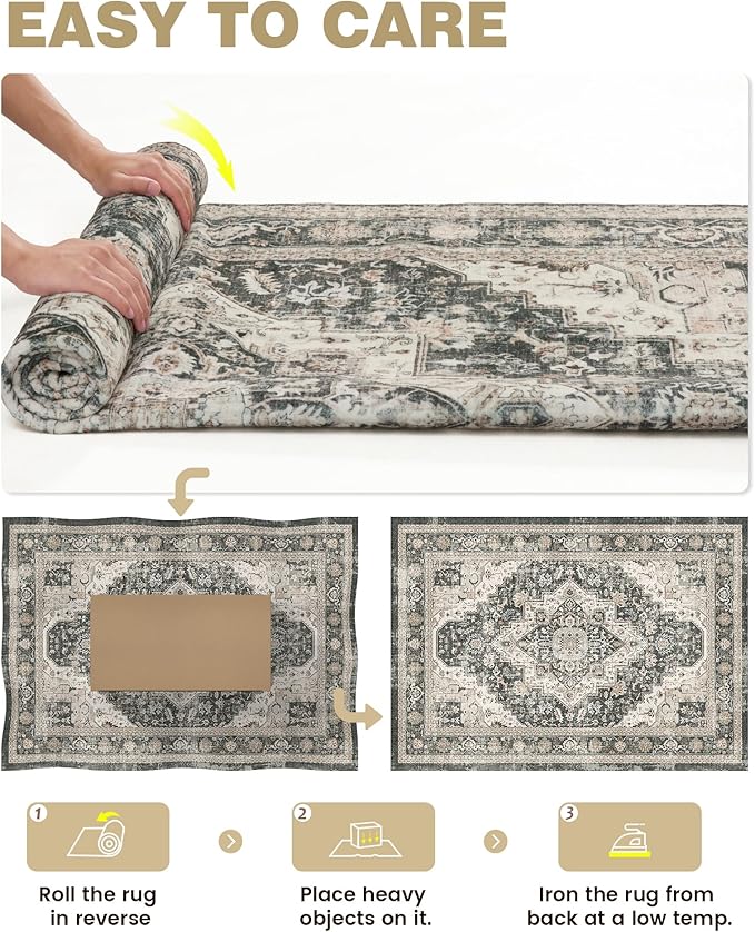 Washable Rugs 9x12, Large Area Rugs 9x12 Living Room with Non-Slip Backing, Super-Soft Floral Vintage Rug, Low Pile Area Rug for Bedroom, Dining Room, Office (Black/Beige, 9'x12')