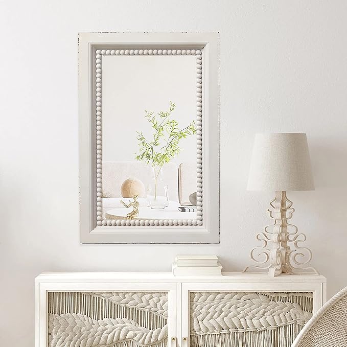 Boho White Mirrors for Wall Decor 24 x 16 Inches, Hanging Distressed Finish Wooden Frame Rectangular Rustic Mirror with Beaded Detailing for Bathroom Living Room Bedroom Entryway