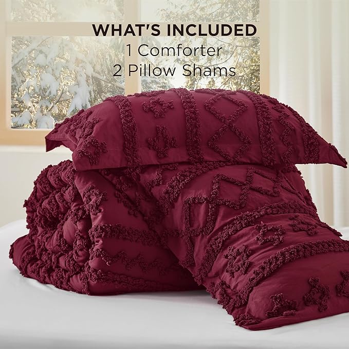 Bedsure Tufted Boho Comforter Set King Size - Burgundy Boho Bed Set, GentleSoft™ 3 Pieces Farmhouse Shabby Chic Embroidery Bedding, Gifts for Woman, Soft Jacquard King Comforter for All Seasons