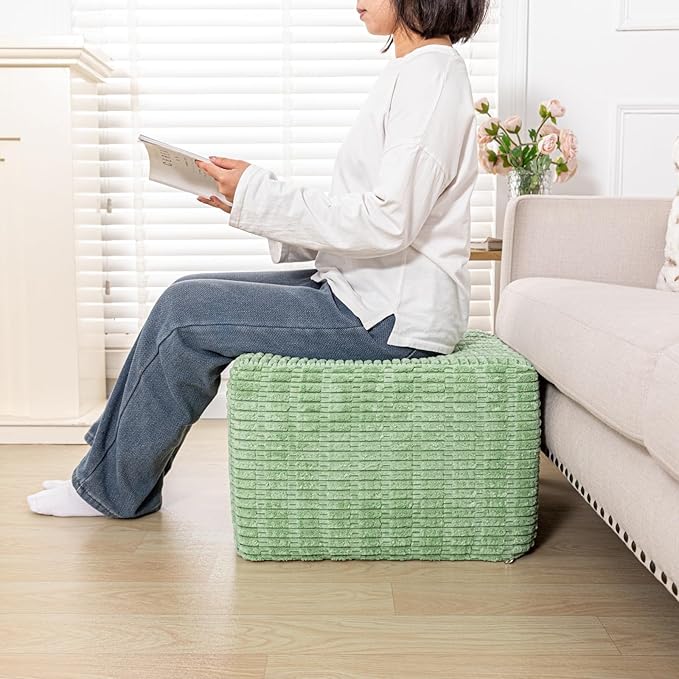 Asuprui Round Square Pouf Ottoman Foot Rest – Lightweight Modern Footstool with Plush Foam Filling, Perfect for Living Room Decor & Cozy Comfort – 20x20x14 Inch Chic Accent Piece (Sage Green)