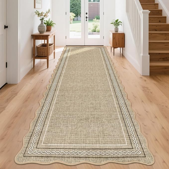 GarveeHome Scalloped Washable Runner 2x8 Rugs for Entryway Non Slip Kitchen Runner Natural Jute Printed Low Pile Hallway Rug Stain Resistant Carpet for Bathroom Laundry Room, Jute