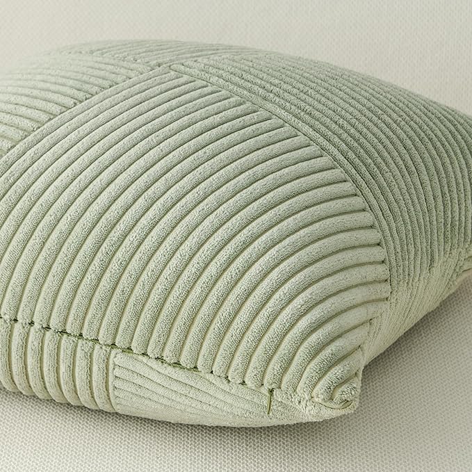 Topfinel Set of 2 Sagegreen Decorative Green Throw Pillow Covers 12x12 Inch, Soft Corduroy Pillow Covers Windmill Textured Striped Patchwork Cushion Cases for Couch Sofa Bed Cute Aesthetic Home Decor