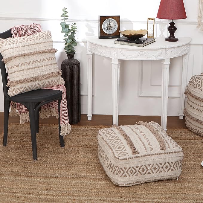 REDEARTH · UNSTUFFED Pouf Ottoman Cover Textured Storage Cube Bean Bag Poof Pouffe Footrest for Living Room, Bedroom, Nursery, Patio, Gym; 100% Cotton (20"X20"X8"; Taupe Natural)